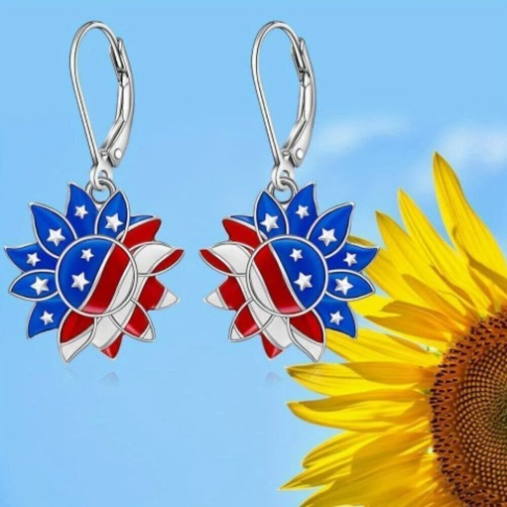 American Flag Sunflower Pendant Drop Earrings Patriotic Design - Picture 1 of 5